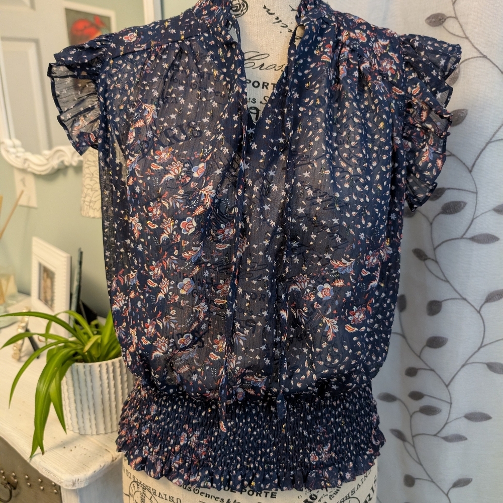 Joie Navy Floral Ruffle Blouse